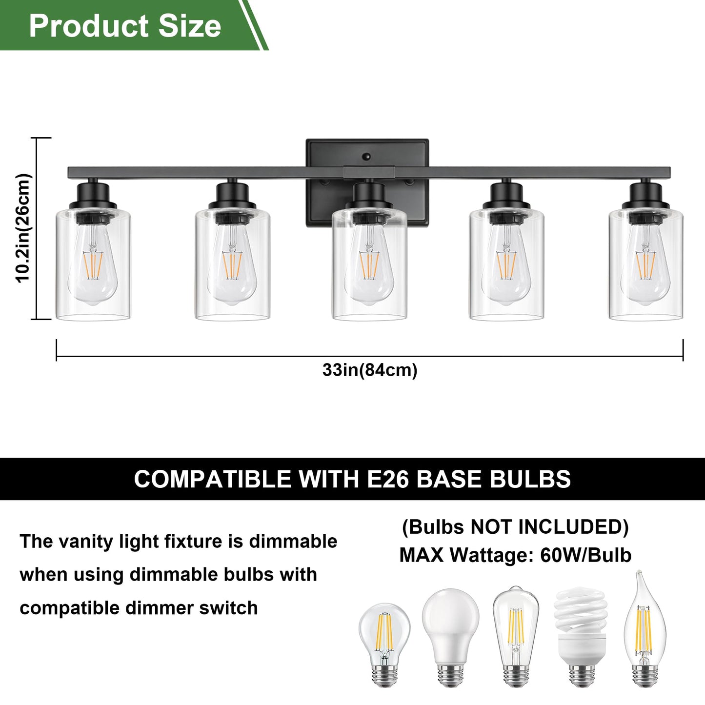 Ascher 5-Light Bathroom Light Fixtures, 33 Inch Vanity Lights with Clear Glass Shade, Modern Black Finish Wall Light for Mirror Bedroom Hallway Cabinet Porch