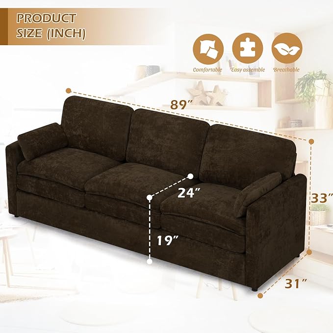 ACMEASE 3 Pieces Chenille Sofa Set w/Arm Pillows, Upholstered 2 Pieces Loveseat & 3 Seater Sofa w/Comfortable Back Cushions, Modern 2-Seat & 3-Seat w/High-Density Foam for Living Room, Brown
