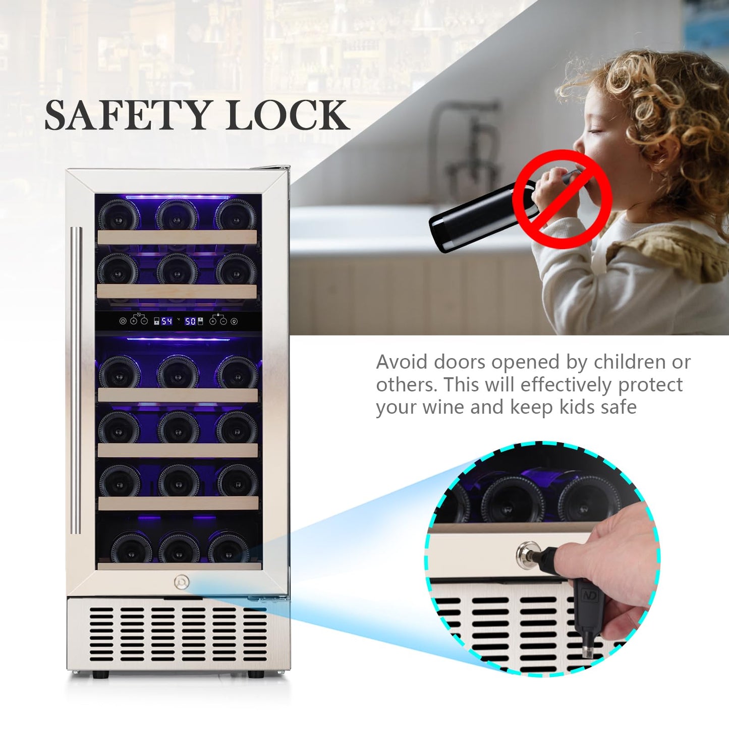 COWSAR 28 Bottle Wine Fridge, Commercial Dual Zone Beverage Refrigerator, Independent Temp, LED, Under Counter Drink Wine Cooler Chiller with Stainless Steel Frame, Double-Layer Tempered Glass Door