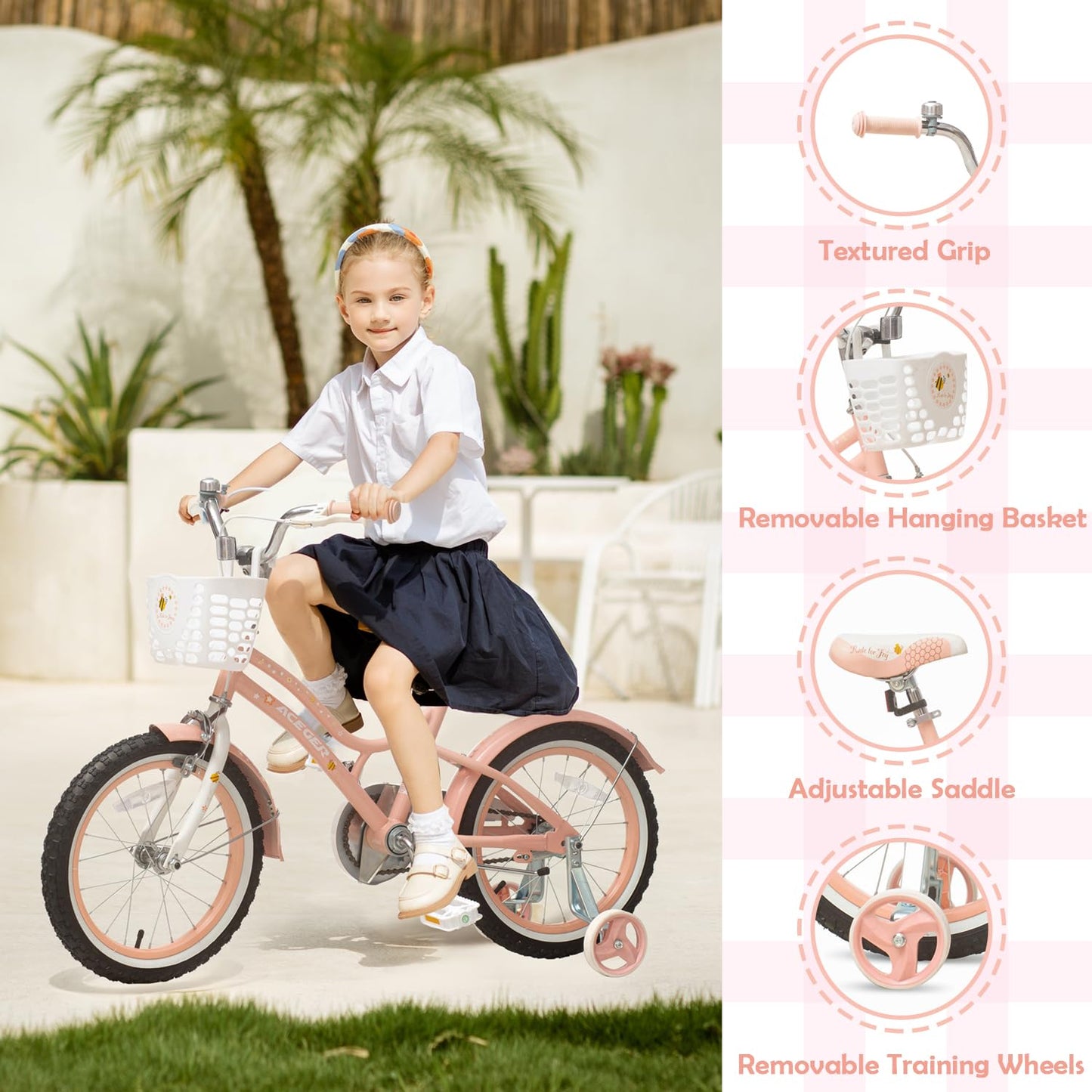 ACEGER Kids Bike for 7-14 Years Old, 16 18 Inch Girls Bike with Removable Training Wheels and Kickstand, 20 Inch Kid's Bicycle with Kickstand only, Adjustable Seat, Steel Frame & Dual Brakes