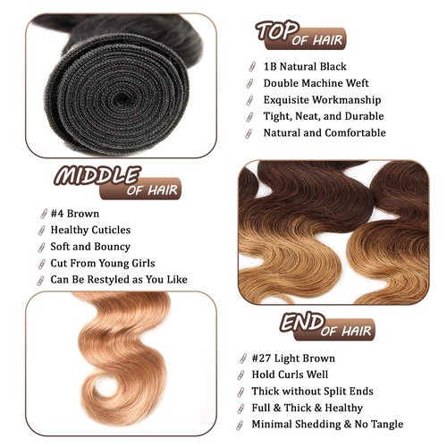 12A Ombre Human Hair Bundles T1b/4/27 Body Wave Bundles 100% Brazilian Virgin Human Hair 3 Tone Ombre Black Brown Blonde Quick Weave Bundle Deal for Women 14 16 18 Inch Thick and Full Hair Extensions