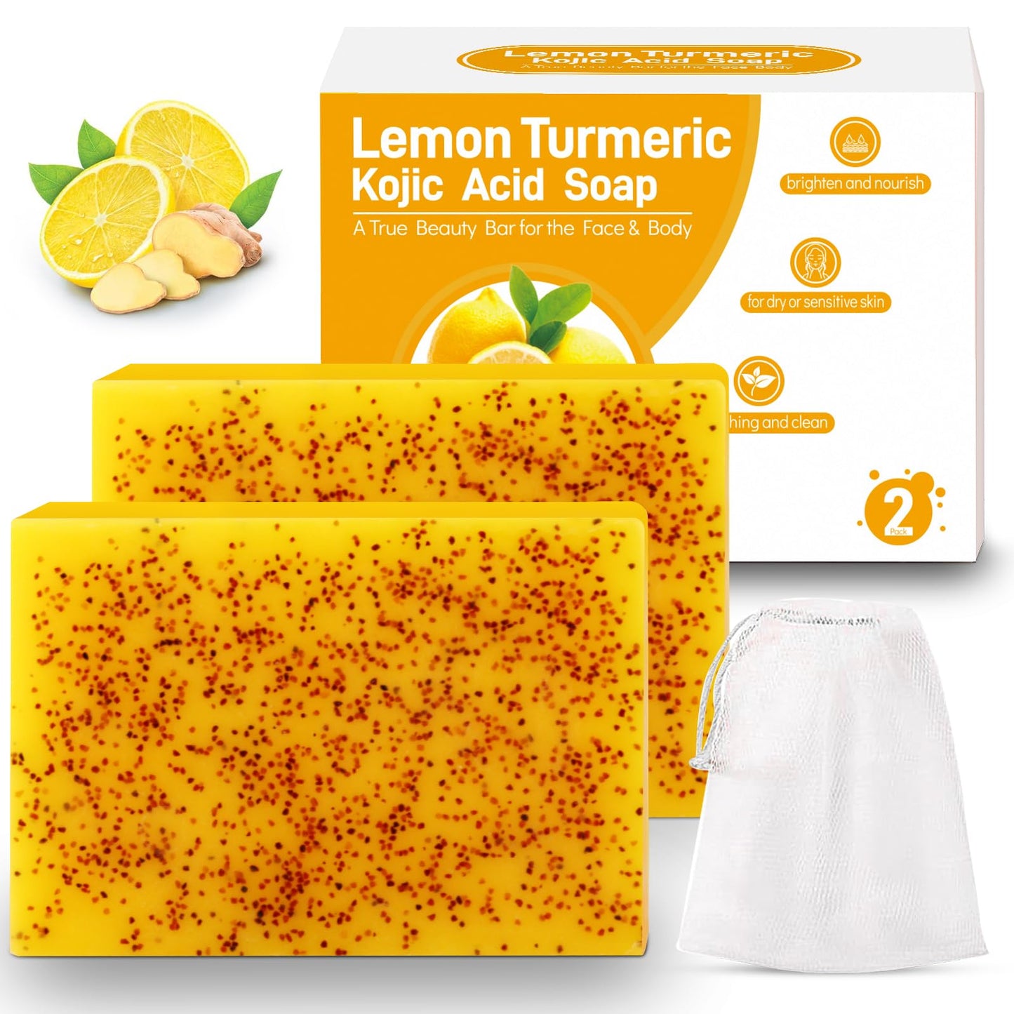 Hunxlio Lemon Kojic Acid Soap, Lemon Turmeric Bar with Vitamin C for Face, Body Hands, Turmeric Soap for Dry Sensitive Skin 2 Ba