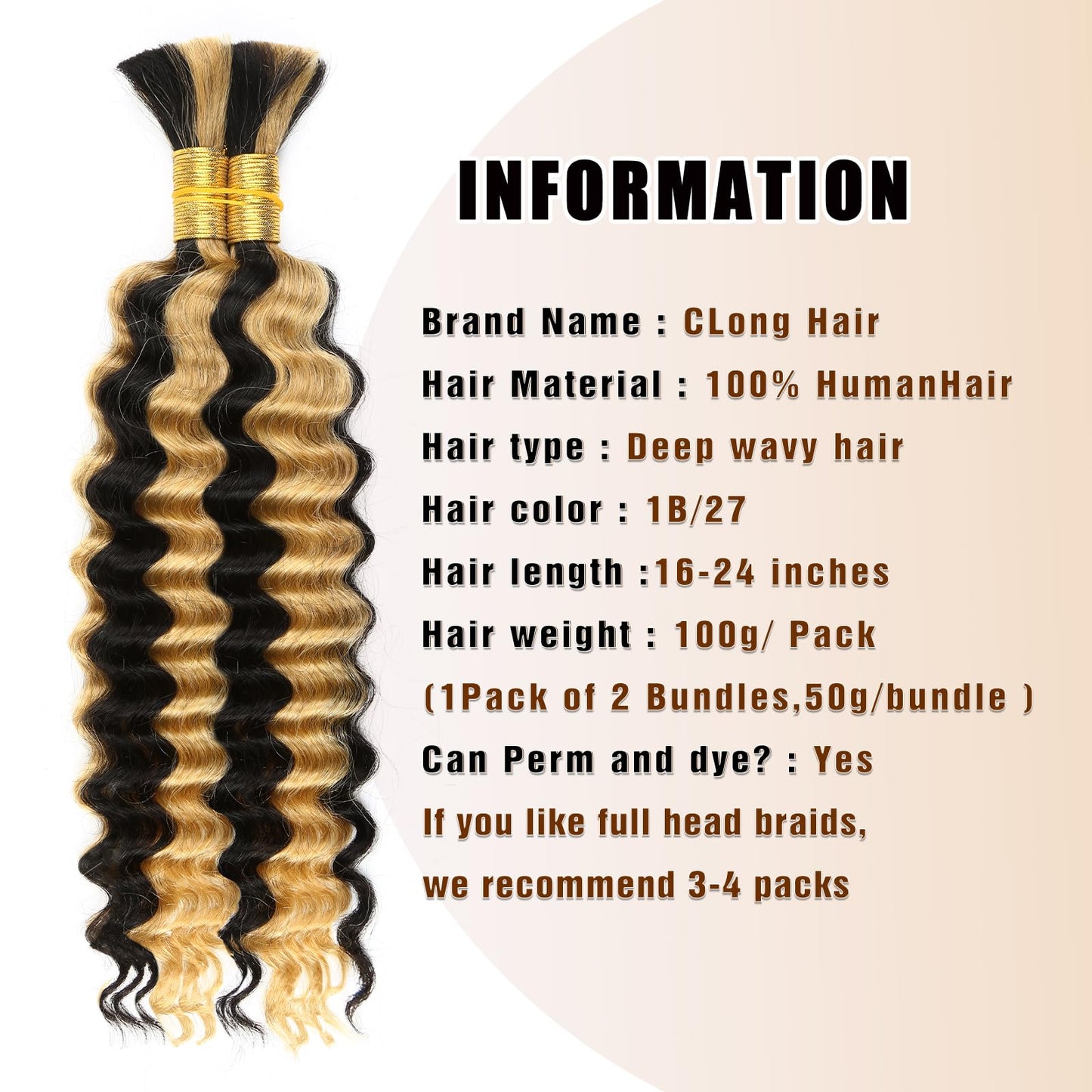1B/27 Highlight Honey Blonde Human Braiding Hair Deep Wave Bulk,Black and Blonde No Weft Curly Braiding Hair Extensions for Boho