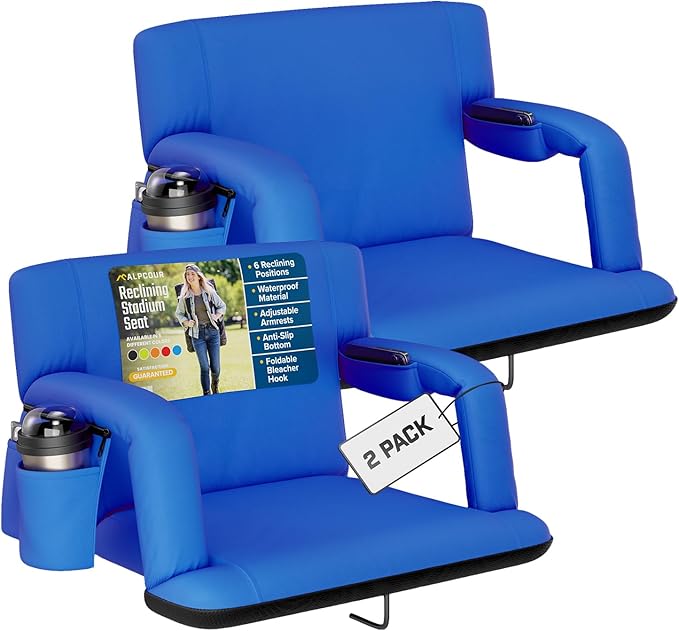 Alpcour Reclining Stadium Seat – Wide Bleacher Chair with Back Support and Cushion, Armrests, Side Pockets, and Bleachers ...