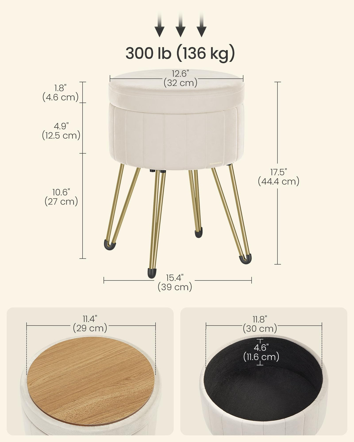 SONGMICS Vanity Stool Chair, Small Ottoman with Storage, Velvet Makeup Stool, 15.4 Dia. x 17.4 H Inches, 4 Metal Legs, for Makeup Room, Living Room, Bedroom, Cream White ULOM003W01