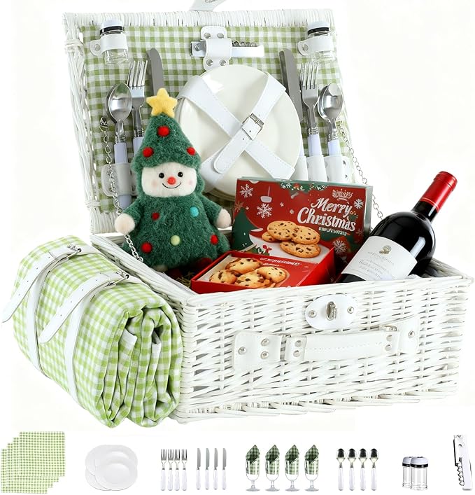 YPshuye Picnic Basket Set for 4 with Waterproof Blanket Mat Insulation Bag Wicker White Green Plaid Classic Fresh Gift for...