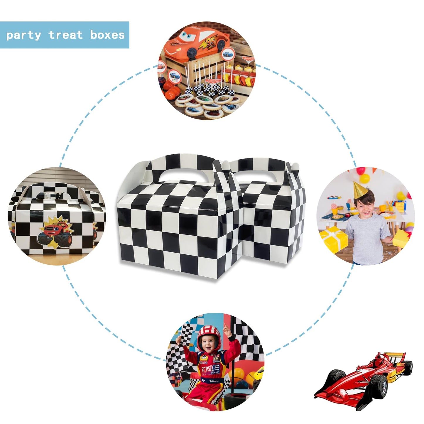 Adorox Set of 24 Checkered Racing Treat Boxes - Race Car Theme Party Favors, Birthday Party Supplies, Gift Boxes for Kids, Party Decorations