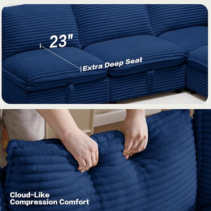 FIRLZY Oversized Modular 8 Seater Sofa with Removable Covers and Storage, Convertible U, L-Shaped and Sleeper Sectional, Modern Corduroy Couches with Ottoman Chaise for Living Room, Blue