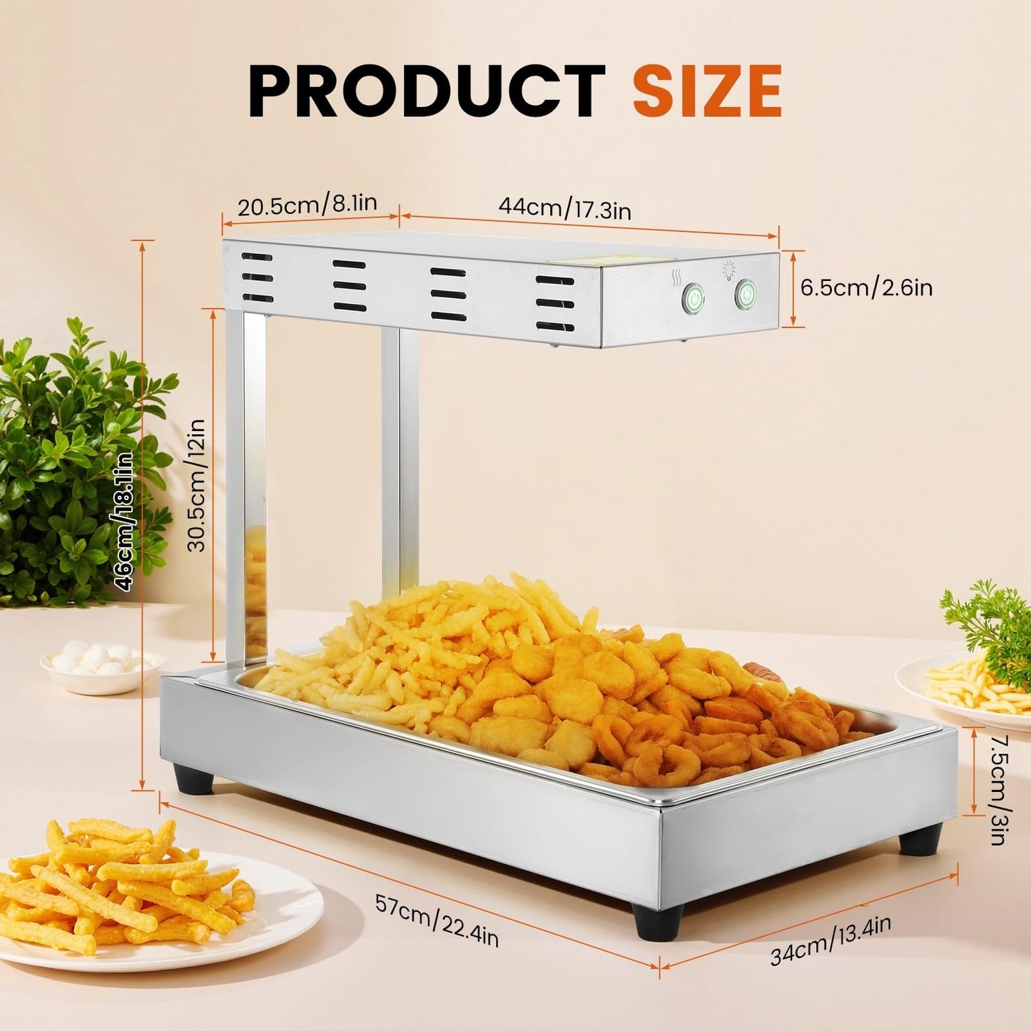 Dyna-Living French Fry Warmer, 500W French Fry Food Warmer Commercial Stainless Steel Electric Commercial Food Heat Lamp Free-Standing Countertop Warming Fried Dump Station for Food Truck Restaurant