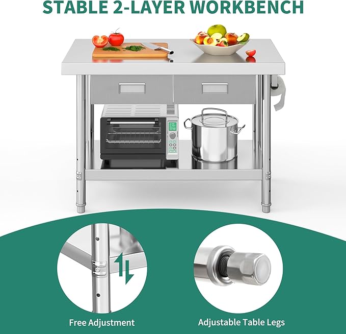 YITAHOME 48" × 24" Stainless Steel Table with 2 Drawers, NSF Work Table with Drawer, Metal Table Prep Table for Home Kitchen Restaurant Garage Warehouse