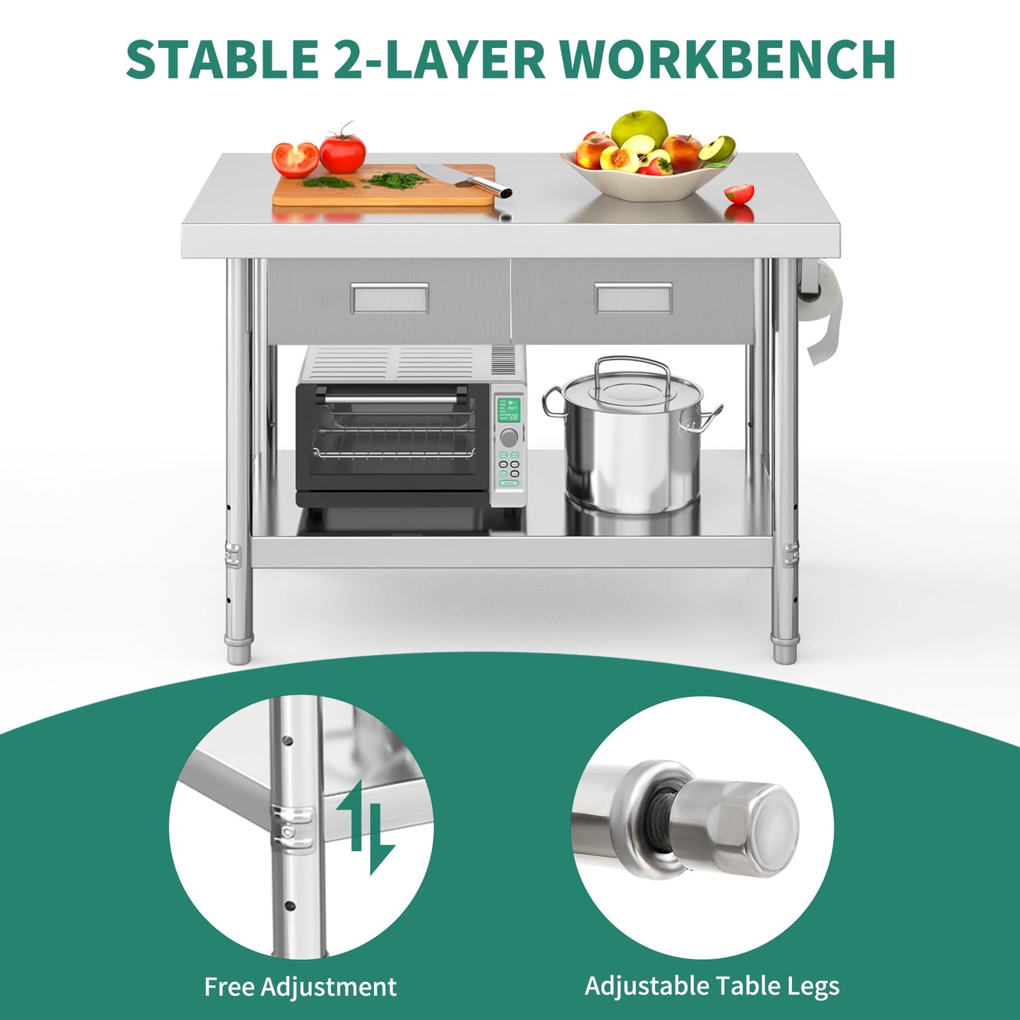 YITAHOME 48" × 24" Stainless Steel Table with 2 Drawers, NSF Work Table with Drawer, Metal Table Prep Table for Home Kitchen Restaurant Garage Warehouse