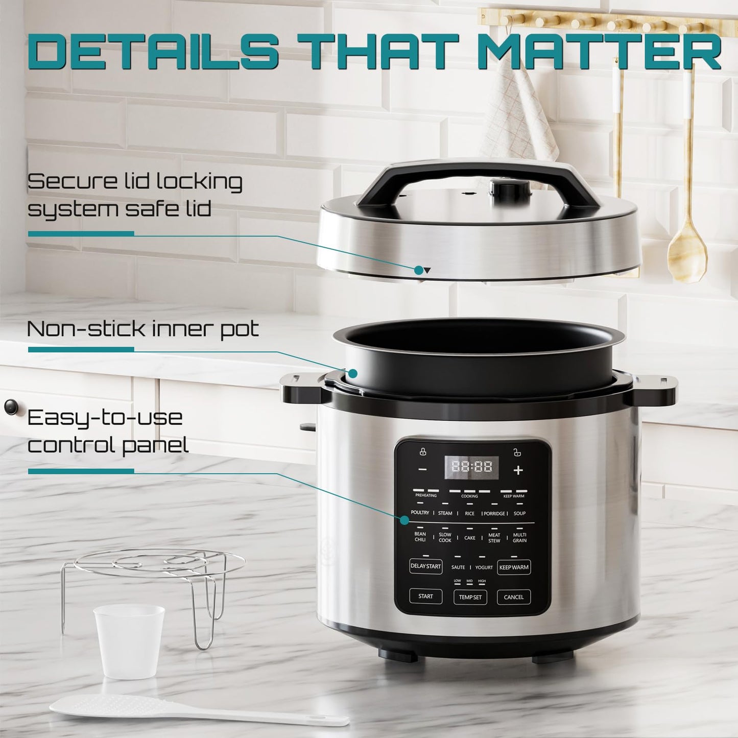 Olixis Electric Pressure Cooker 6 Quart Stainless Steel Multi Cooker Electric For Pressure 12-In-1 Rice, Steamer, Yogurt Maker,