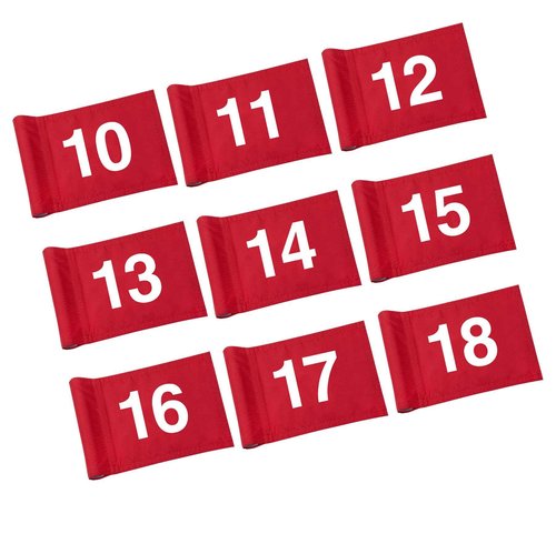 KINGTOP Numbered Golf Flag 8x6 Inch – Upgraded Double Layer 420D Nylon, Double Sided Printing, Tube Inserted – Mini Practice Putting Green Flags for Yard, Red #10-18