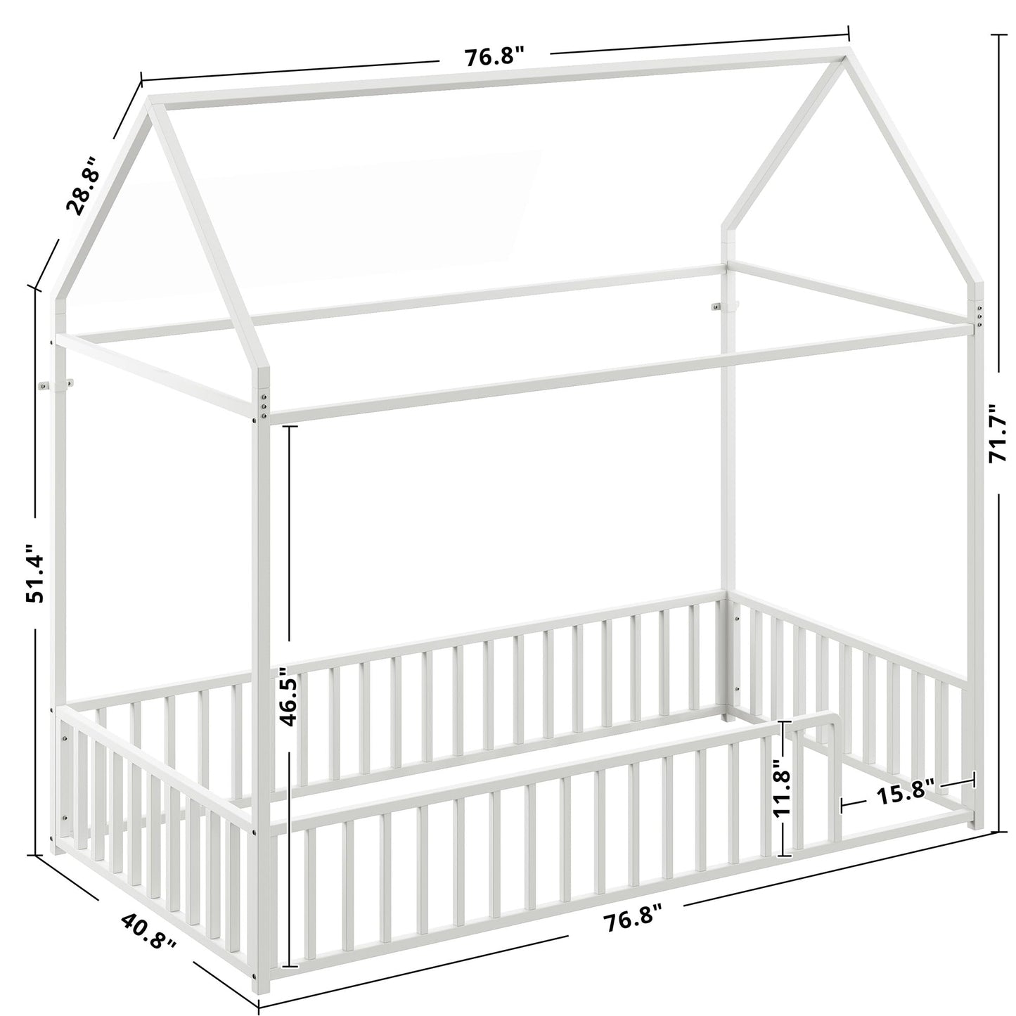 LIKIMIO Twin Floor Bed Frame with Roof & Fence Guardrails Metal House Bed for Bedroom, Easy Assemble, No Box Spring Needed, White