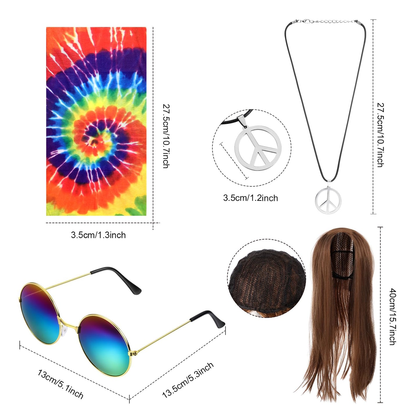 Norme 5 Pieces Mardi Carnival Hippie Costume for Men Women 70s Tie Dye T-Shirt Peace Sign Necklace Headband Wig Sunglass(Modern, X-Large)