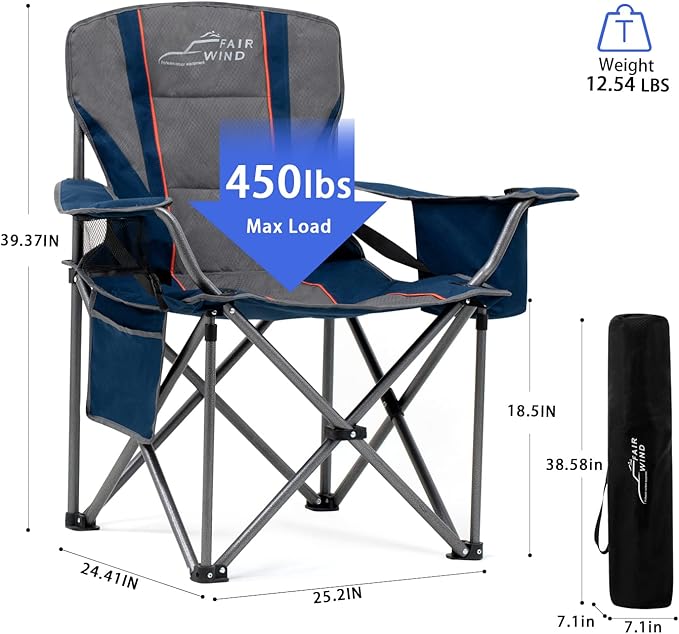 FAIR WIND Oversized Fully Padded Camping Chair for Heavy People with Lumbar Support, Heavy Duty Quad Fold Arm Chair with Cooler Bag - Support 450 LBS，Blue
