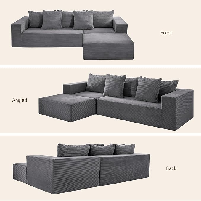 INGEROOM 108" Modular Cloud Sectional Couch with Deep Seat, Boneless Sofa with Movable Ottoman, Plush Corduroy Memory Foam Couch for Living Room, No Assembly, Dark Gray