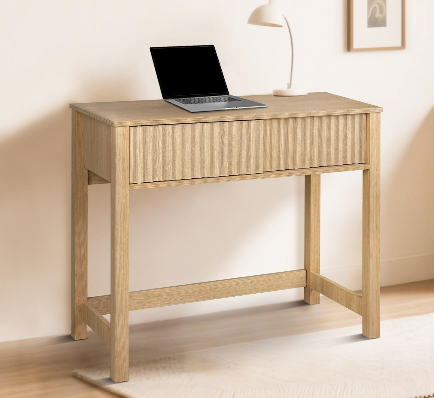 ZYBT 38 in Computer Writing Desk with Fluted Drawers, Small Modern Home Office Desk Wood Makeup Vanity Table Console Study Writing Table with Storage for Work Study