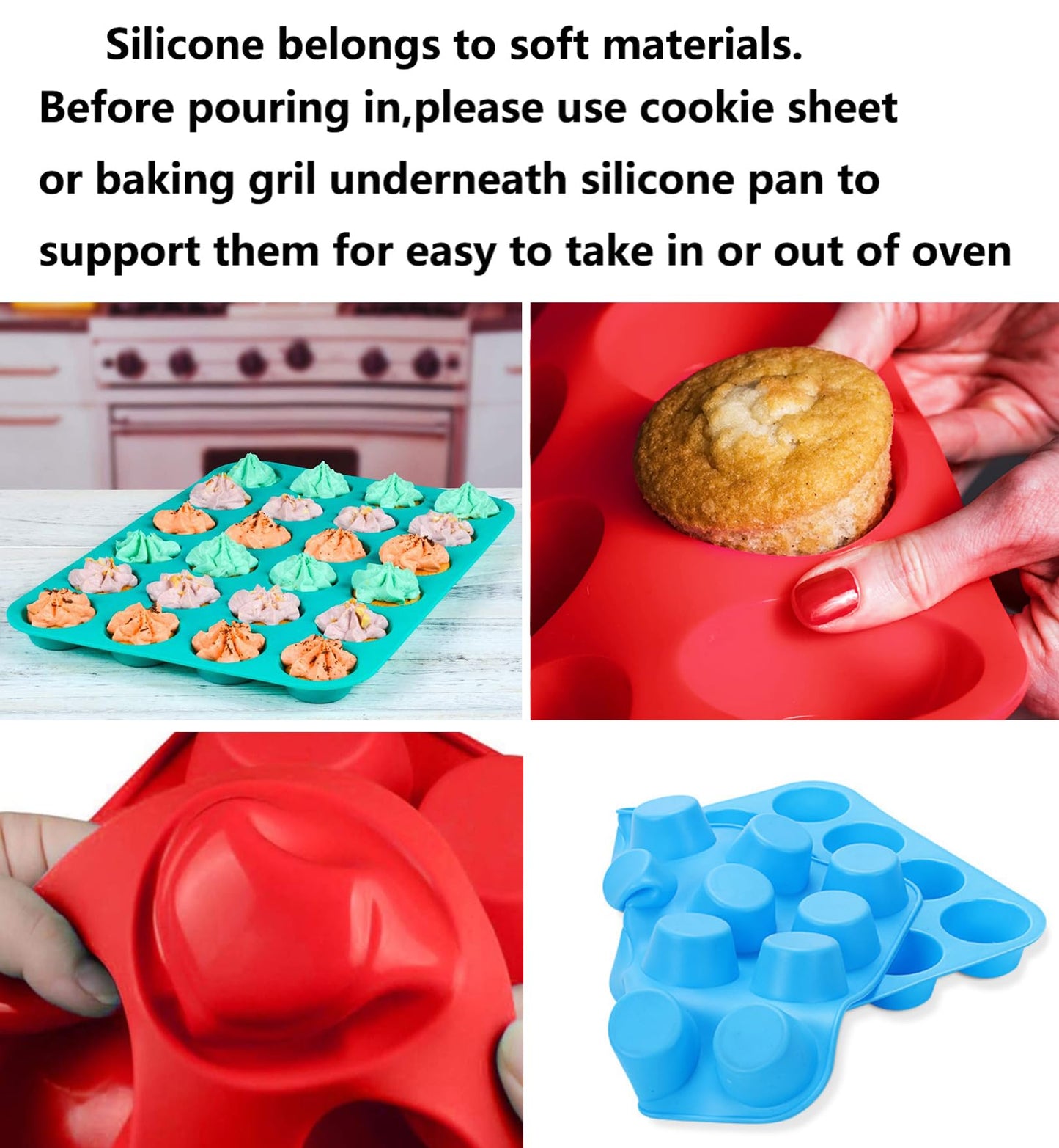 Mini Muffin &Cupcake Set, 24 Cups 2-Pieces, Nonstick Silicone Baking Pan, BPA Free and Dishwasher Safe, Great for Making Muffin Cakes, Tart, Bread (24 Cups Red,2 PCS)