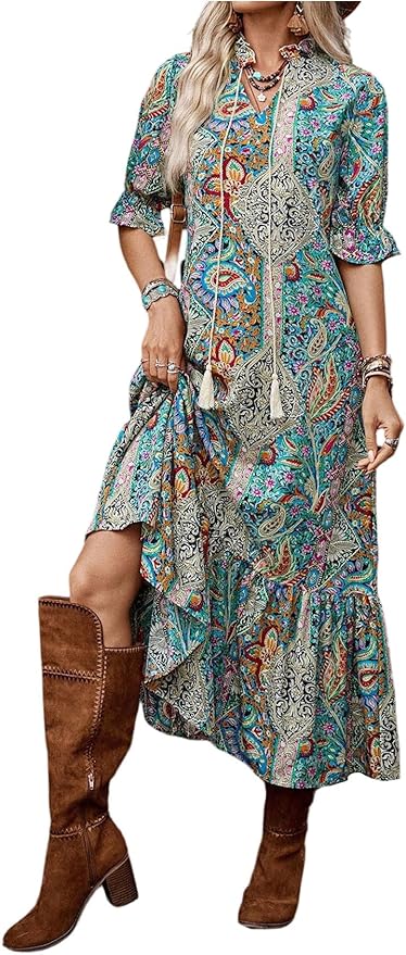 GORGLITTER Women's Paisley Print Boho Western Maxi Dress Ruffle 3/4 Sleeve Notch V Neck Vintage Ethnic Flowy Dresses