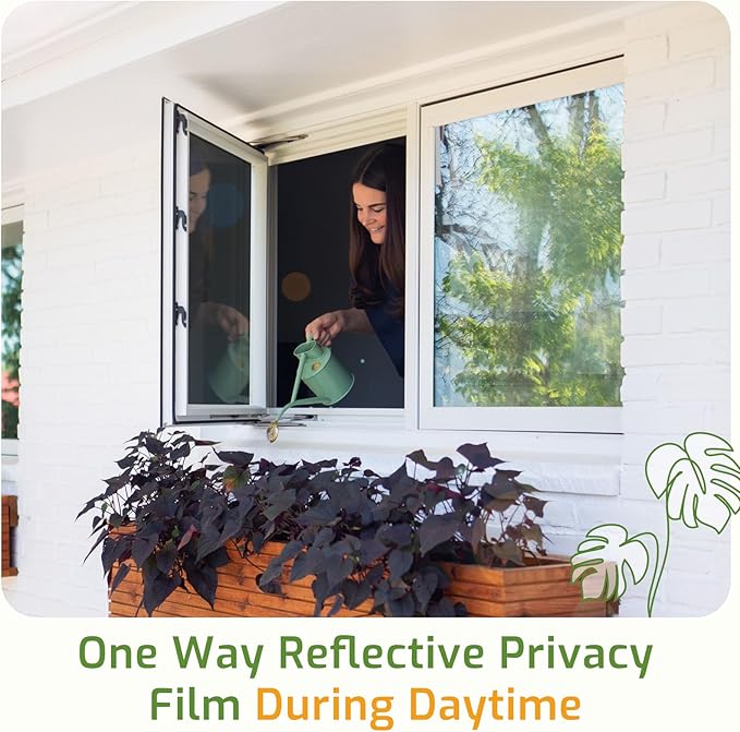LUTE One Way Window Privacy Film, Window Tint for Home, Sun Blocking UV Heat Blocker, See Out Not in Reflective Mirror Film, Removable Static Cling Glass Door Cover, Black Silver, 35.4" x 118.1"