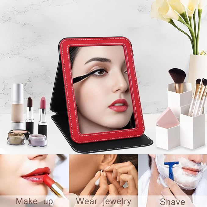 Red Foldable Desk Mirror, 6.5×8.9” Adjustable Angle Rounded Rectangle PU Edge Covering Travel Mirror with Stand (LRed)