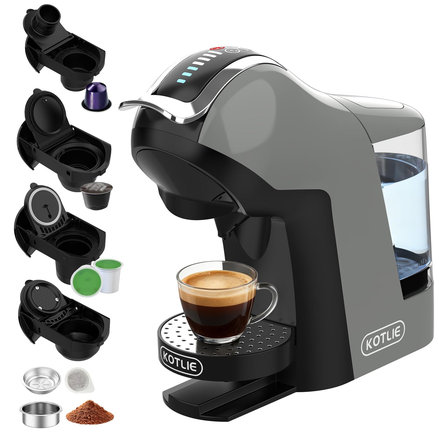 KOTLIE EM-308B Espresso Machine, Single Serve Coffee Maker Compatible with Multiple Capsule Types, Ground Coffee, and ESE Pods. 3 Temperatures, 7 Water Volume Levels, and a 1L Water Tank（Gray）
