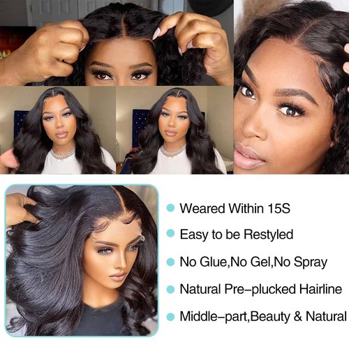 IHEREIN Wear and Go Glueless Wig Precut Lace Human Hair Closure Wig Body Wave Lace Front Wigs Pre Plucked Upgraded No Glue 4x4 Pre Cut Lace Ready to Wear 180% Density 24 Inch