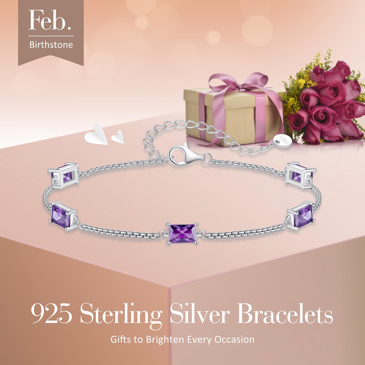 Lomantise Birthstone Bracelets for Women 925 Sterling Silver Dainty Simple Charm Link Bracelet, Birthday Anniversary Valentines Day Jewelry Gifts for Women Her Wife Mom