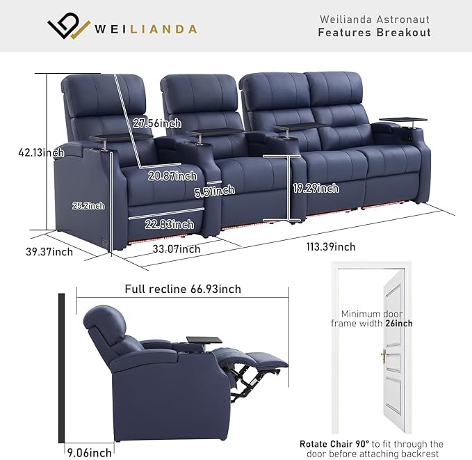 Weilianda Home Theater Seating, Top Grain Leather Sectional Seats Recliner Chair, Zero Gravity Reclining Sofa with Power Headrest 7 Colors Ambient Lighting USB C Charge Row of 4 Loveseat Right Blue
