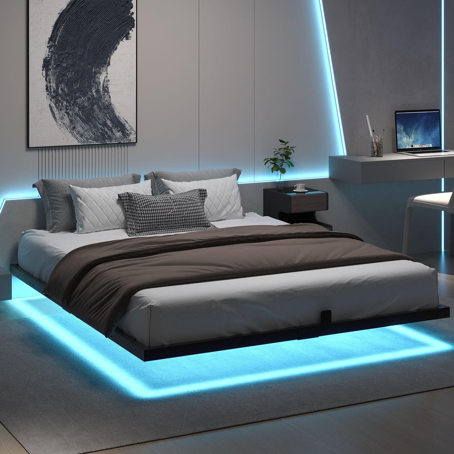 HOMBCK Floating Bed Frame King Size with Smart LED Lights, Modern Metal Platform, No Box Spring Needed/Easy to Assemble/Noise Free