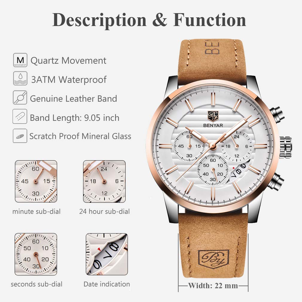 BENYAR Quartz Chronograph Waterproof Watches Business and Sport Design Leather Band Strap Wrist Watch for Men (Brown Gold White)