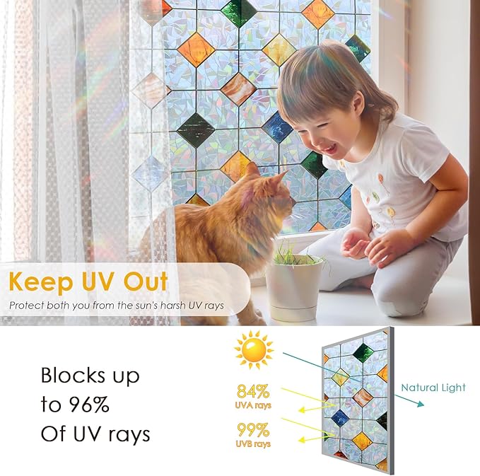 DKTIE Colorful Gem Lattice Pattern Decorative Window Privacy Film Rainbow Stained Glass Window Film Classroom Decor Renter Friendly Decor (S533, 17.7in X 78.7in)