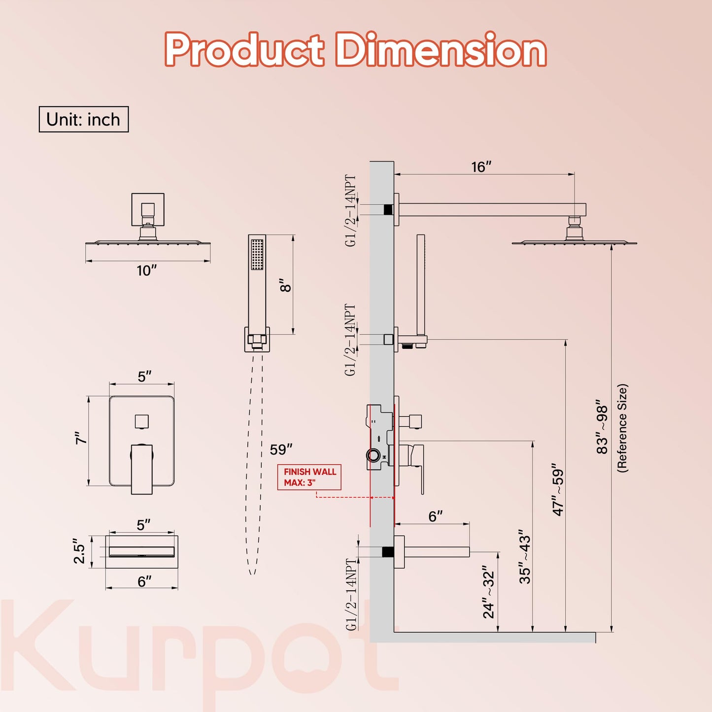 Kurpot Brushed Gold Shower System, All Metal Gold Shower Faucet Set with Tub Spout, 10'' Gold Shower Head with Handheld, 59'' Shower Hose, Shower Valve and Diverter, Wall Mounted Bath Tub Faucet Set