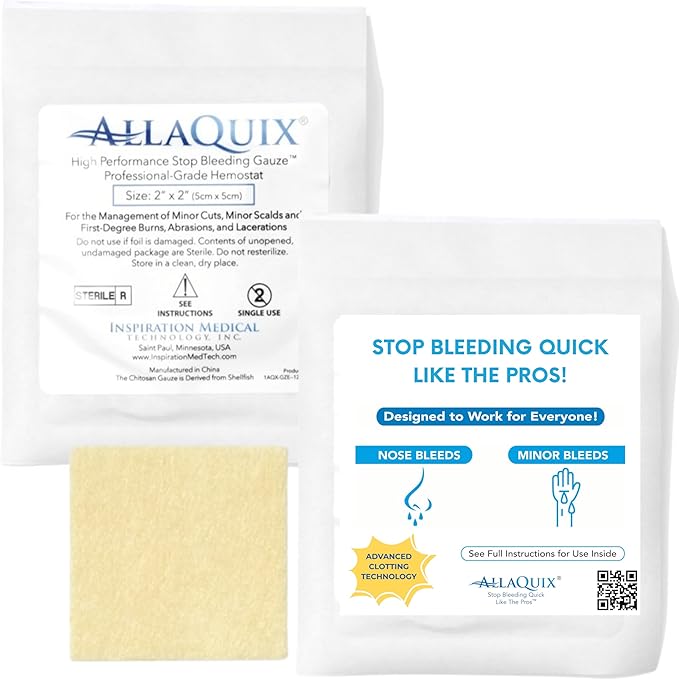 AllaQuix Stop Bleeding Gauze Pads – (2"x2") | Hemostatic Wound Dressing for Cuts & First Aid Kits | Sterile, Drug-Free, Fa...