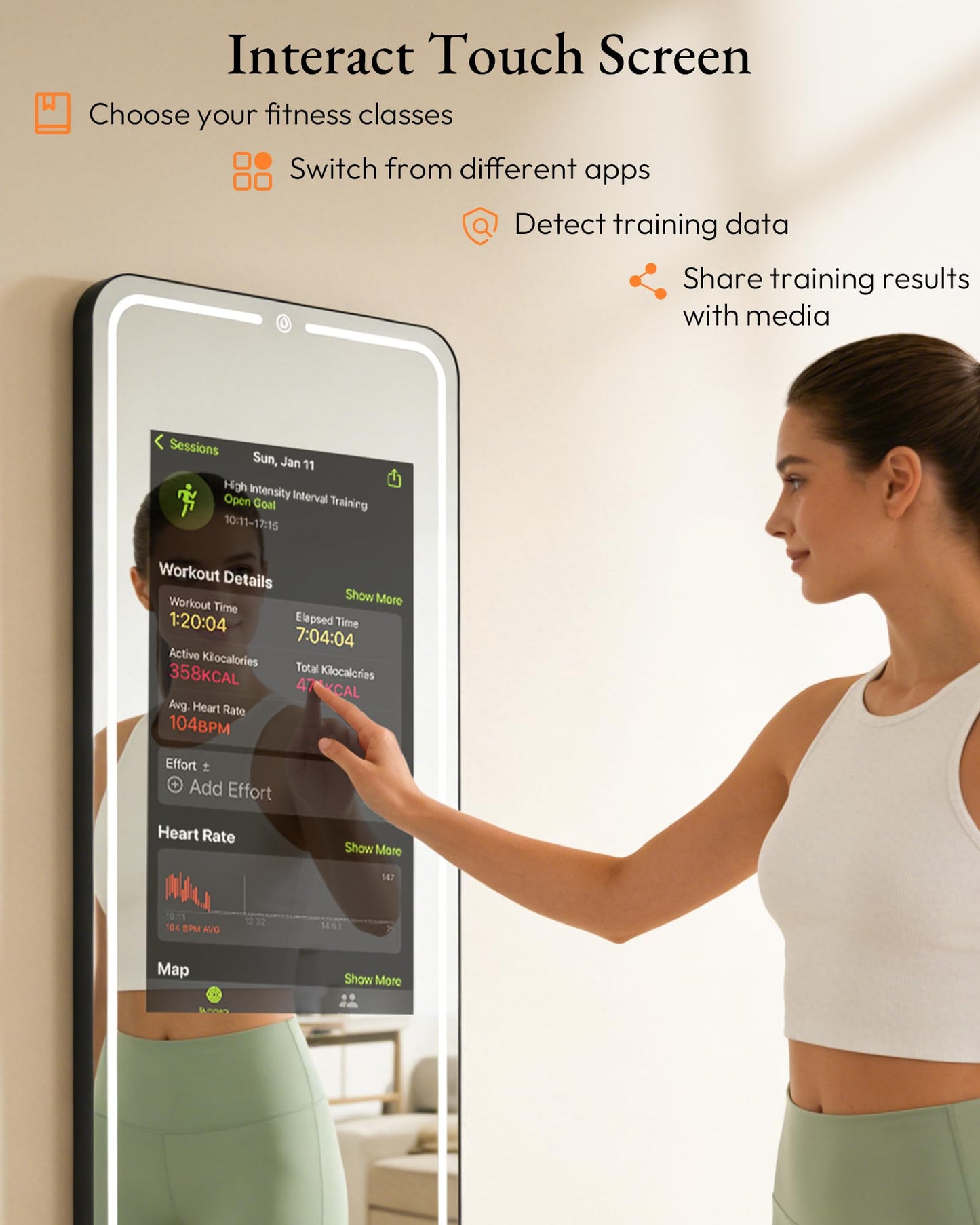 HARZHI Smart Fitness Mirror with 32'' HD Touchscreen, 65'' Full-Length Mirror, Android OS, Voice Control, for Home Gym, Yoga, Dance and Training