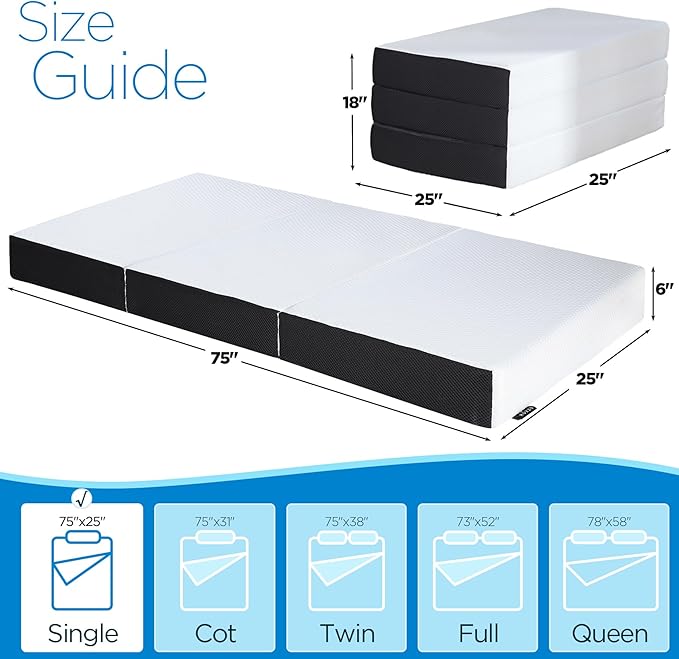 Roxzo Folding Mattress, 6 inch Single Tri-Folding Memory Form Mattress,Portable Trifold Mattress Topper with Washable Cover, Non-Slip Bottom for Camping & Guest Beds, 75"x25"x6"