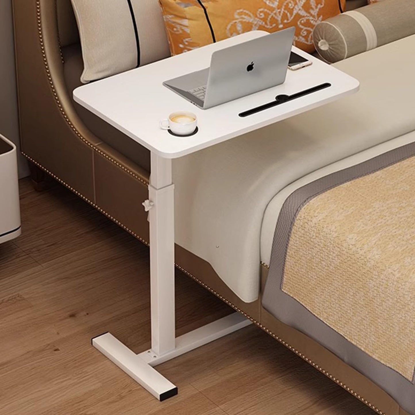 BeGyoku Overbed Table,Over The Bed Table with Hidden Wheels&Cup Holder,Adjustable Bedside Table and Rolling Table Tray&Laptop Cart,Hospital Table Over Bed for Home Use-White