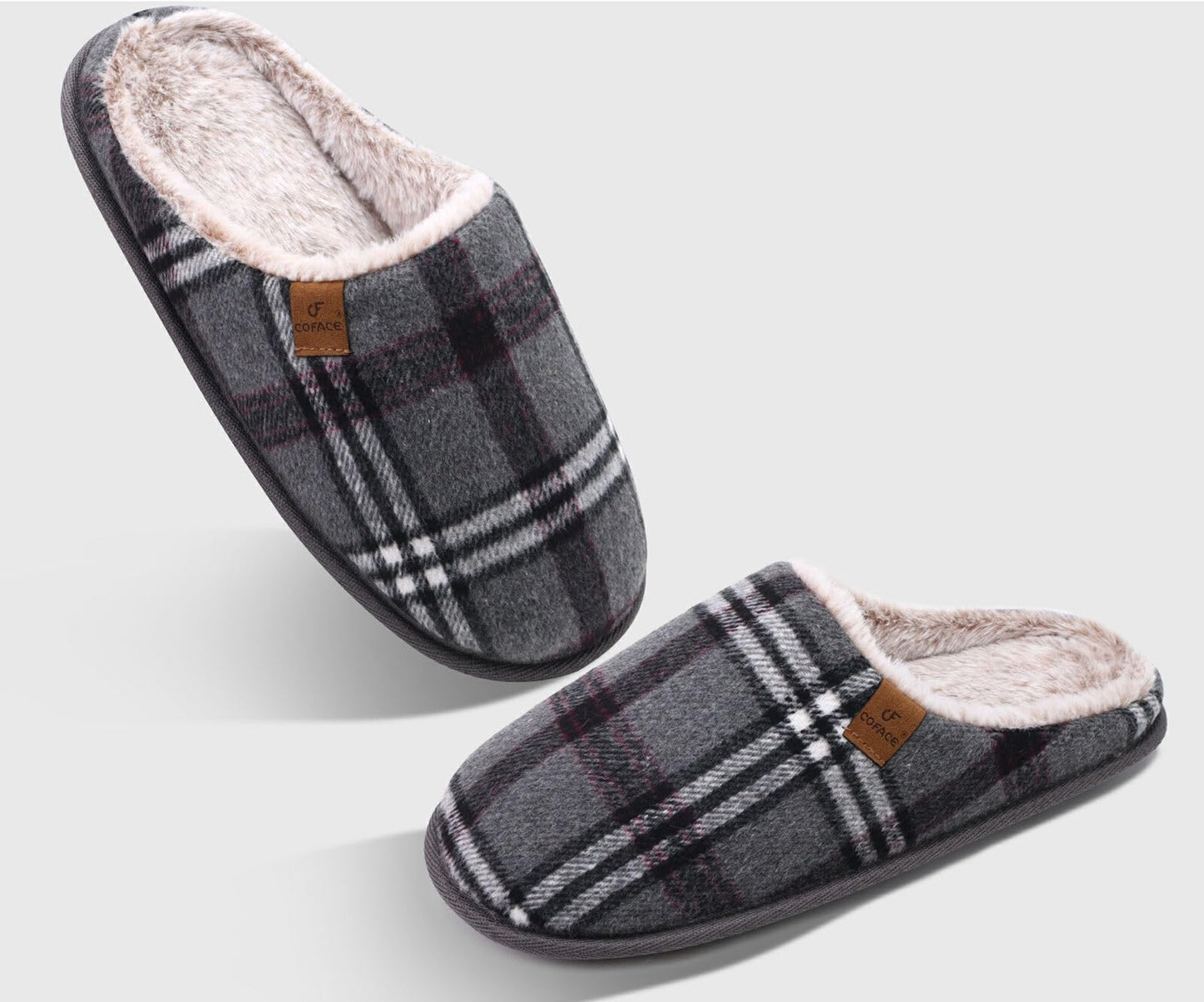 COFACE Mens Grey Flano Plaid Cozy Memory Foam scuff Slippers Slip On Warm House Shoes Indoor/Outdoor With Best Arch Support Size 11