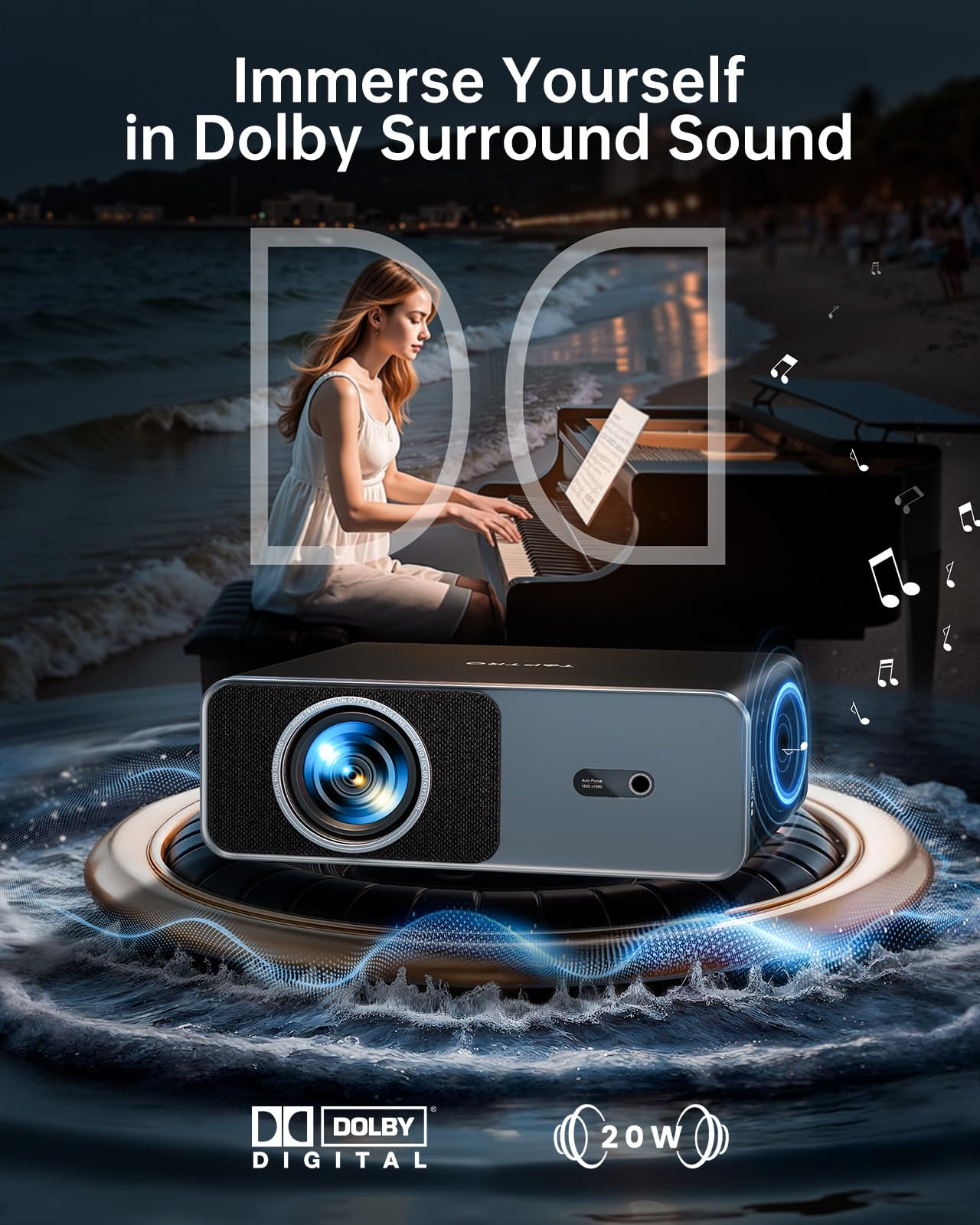 Smart Projector【Compatible with Netflix】4K Projector with WiFi 6 and 2-Way Bluetooth, AI Auto Focus & Keystone, 20W Dolby Audio,Built-in Apps,TOPTRO A1 Portable Proyector for Outdoor / Home Movie
