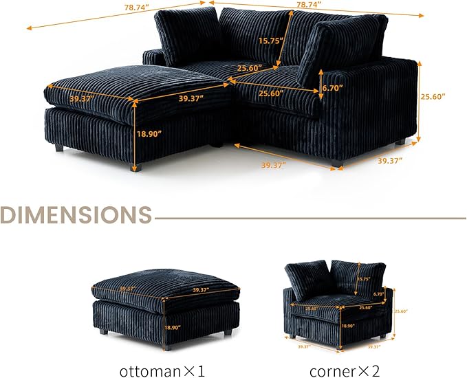 WJShome Cloud Modular Sectional Sofa,78" Plush Sofas for Living Room,L Shaped Sofa Couch with Storage Ottoman,3 Seater Comfy Couch Deep Seat Couches,Covers Washable&Replaceable (Black)