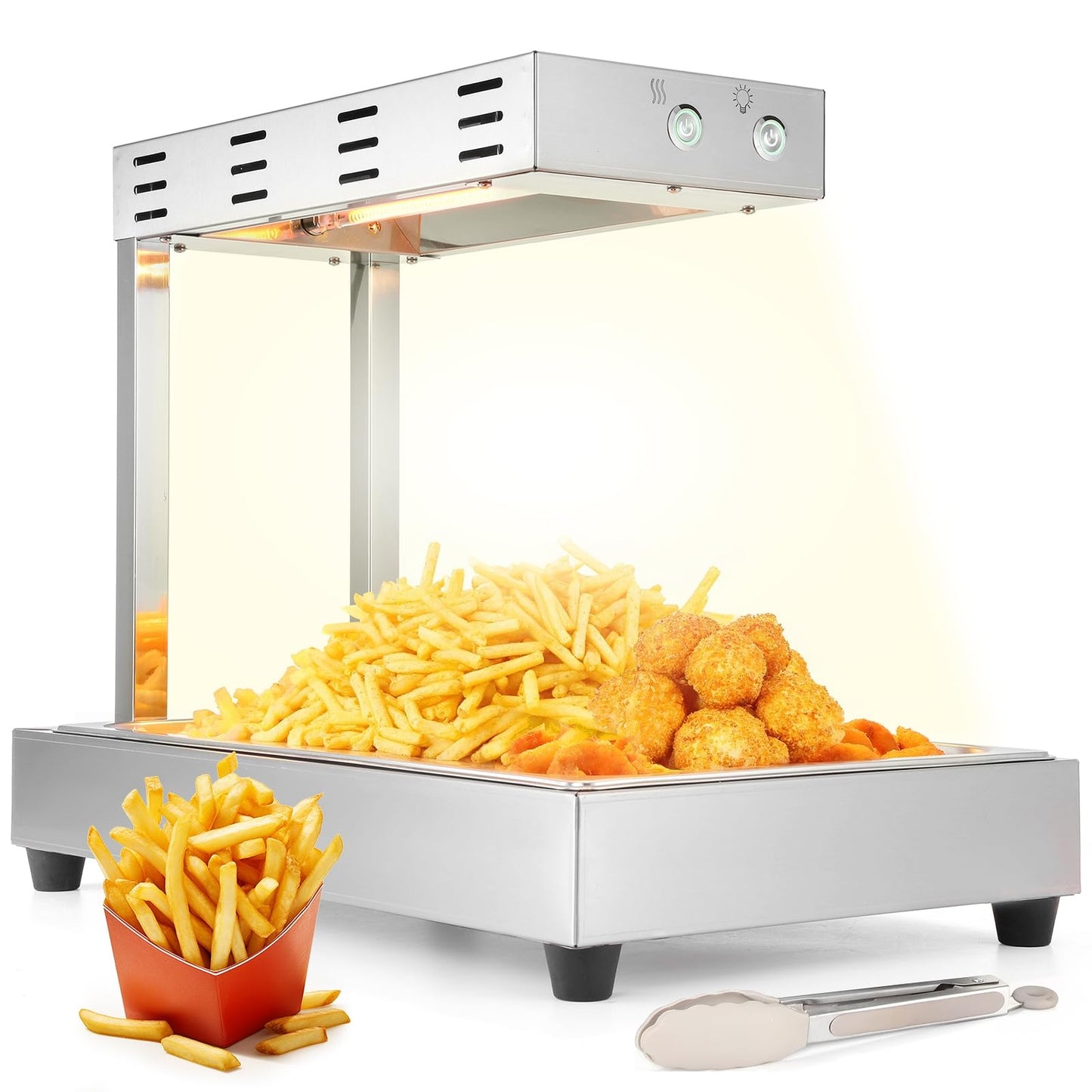 Dyna-Living French Fry Warmer, 500W French Fry Food Warmer Commercial Stainless Steel Electric Commercial Food Heat Lamp Free-Standing Countertop Warming Fried Dump Station for Food Truck Restaurant