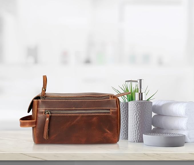 KomalC Premium Buffalo Leather Toiletry Bag for Men & Women – Leather Dopp Kit With Water resistant Lining, Premium Toiletry Travel Pouch, Unisex Wash Bag for Toiletries, Gifts for Men and Women