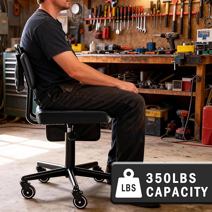 WUDOYO Adjustable Rolling Shop Stool with Tool Bags, Black Padded Seat, TPE Wheels, Real Backrest, Easy Handrail (Bending Work Seat Height(16-21"))