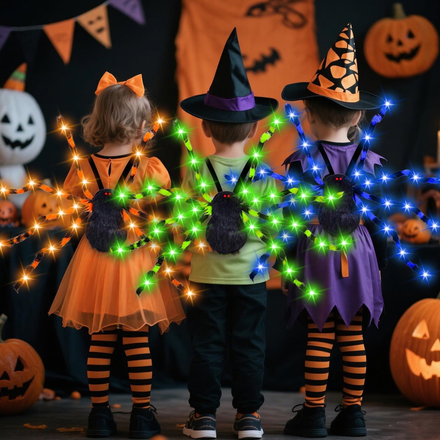 Thuodo Halloween Green Light-Up Spider Costume for Kids & Adults, LED Giant Spider Backpack with Headband, Creepy Spider Outfit with 60 Lights, Halloween Party Trick or Treat Gear– Battery Required