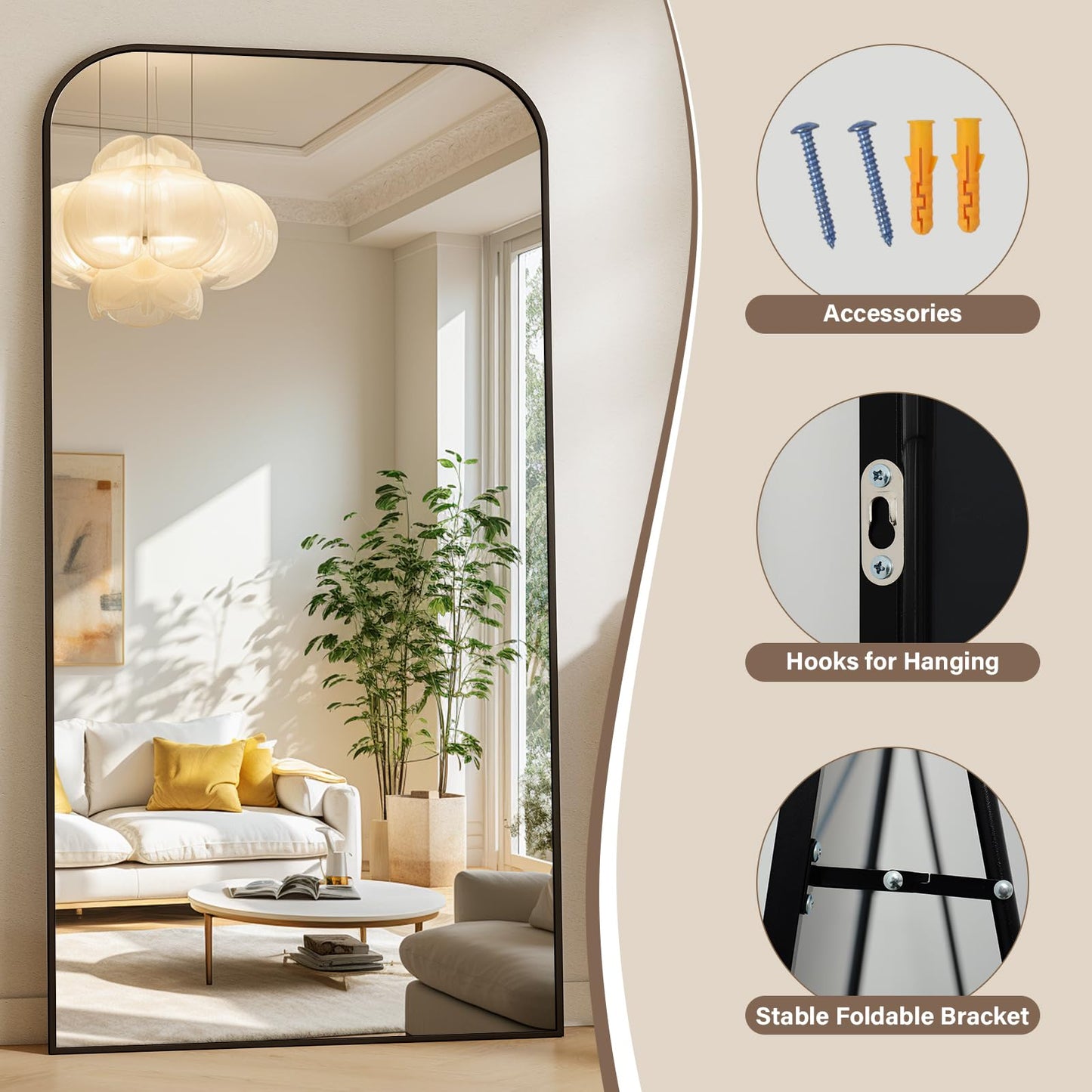 XRAMFY Full Length Mirror - Large Floor Standing & Wall Mountable Full Body Mirror with Sturdy Aluminum Frame, Arched Top Design, Freestanding or Hanging for Bedroom, Living Room, Cloakroom,Black