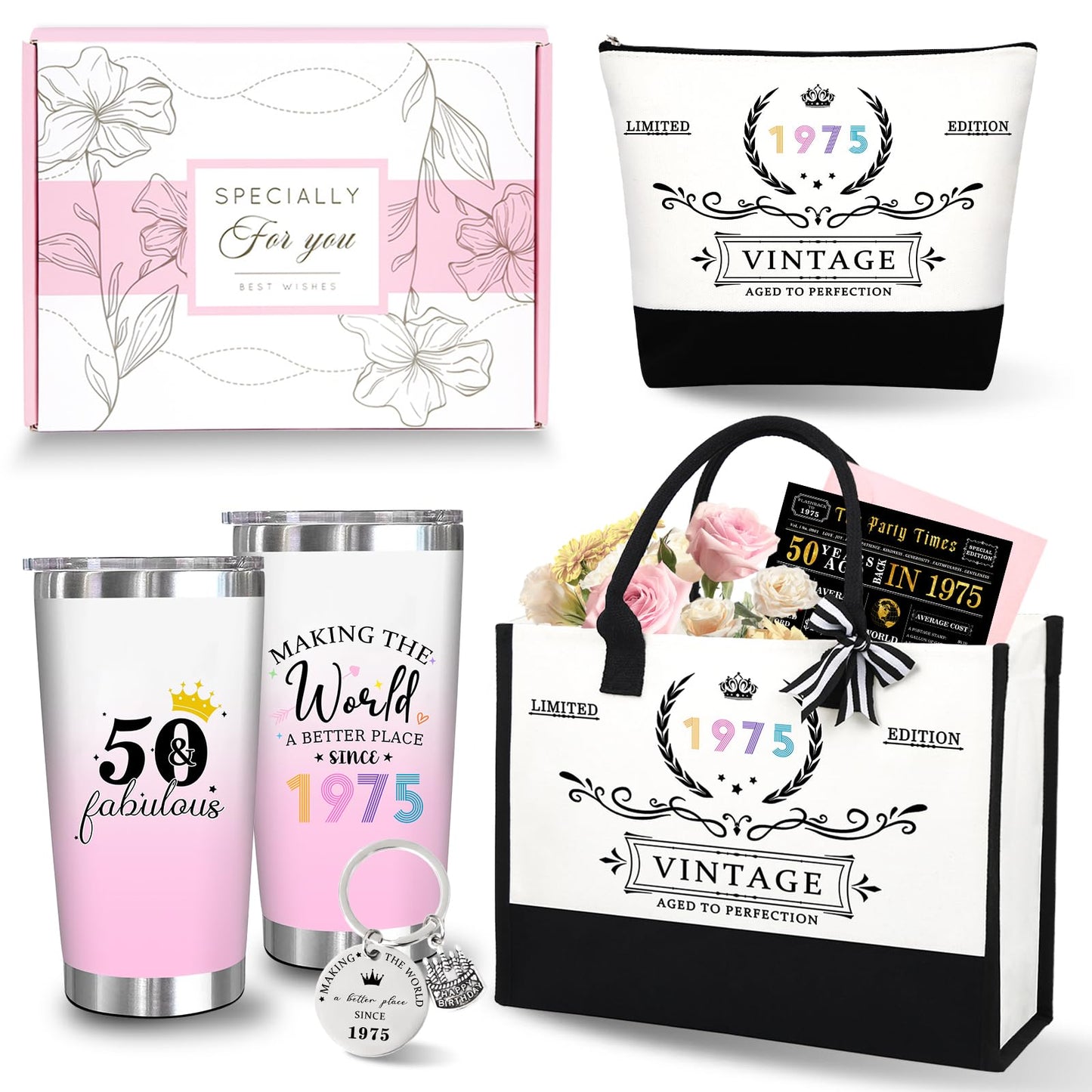Unipinkart 50th 1975 Birthday Gifts for Women, 50 Year Old Birthday Fabulous Gifts for Women, Cool 50th Gift Canvas Tote Bag Set for Woman, Turning 50th Cup Gift Basket for Her Mom Sister Wife