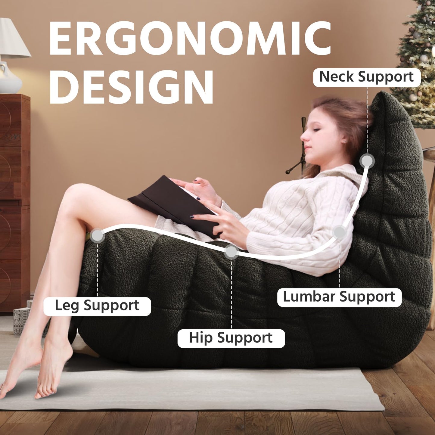 Bean Bag Chair, Fireside Chair, Large Bean Bag Chair for Adults, Bean Bag Chairs for Teens with High-Resilience Foam, Non-Slip Base Floor Lounge Sofa,Living Room (Black, Single)