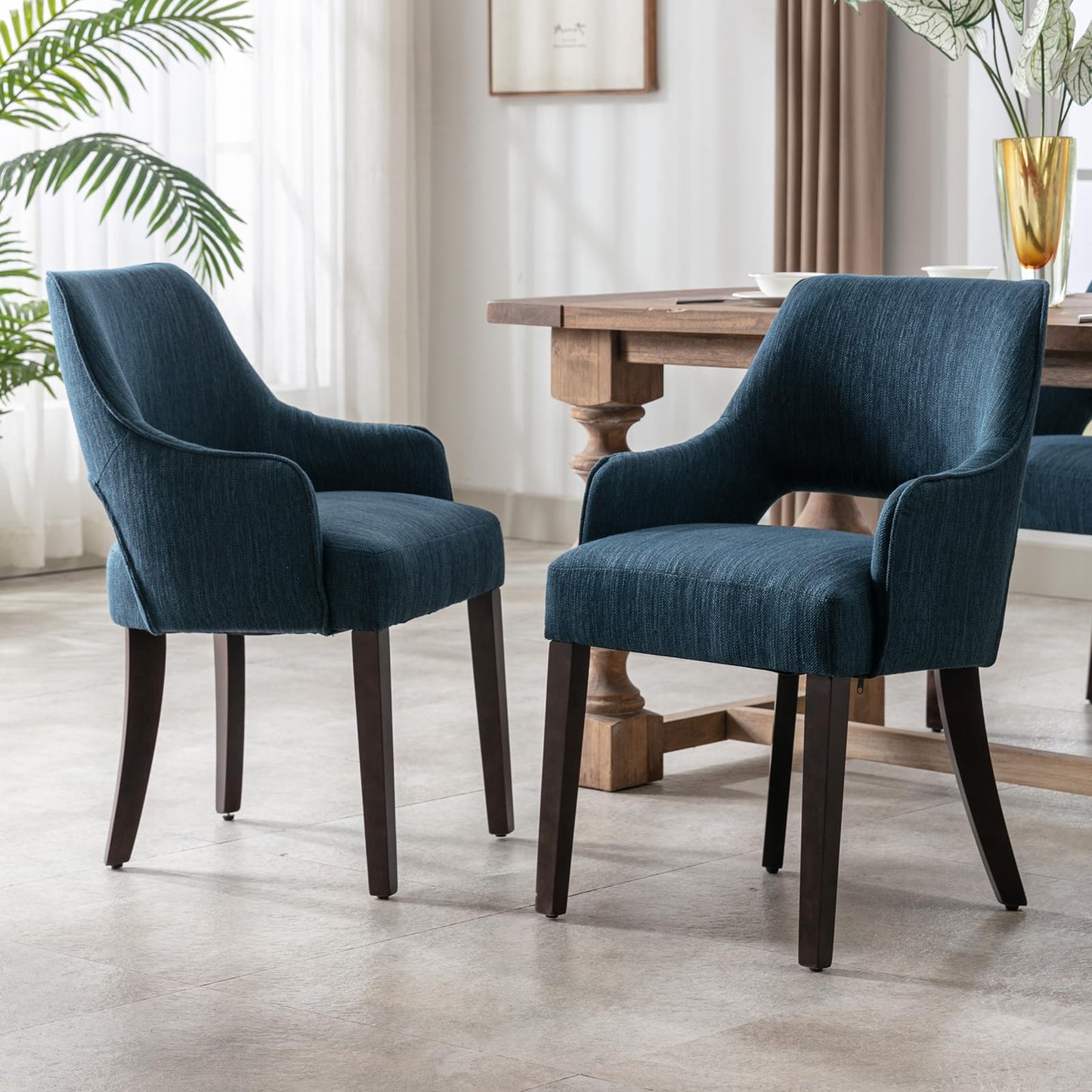 DM Furniture Farmhouse Dining Chairs Set of 2 Upholstered Linen Kitchen Chairs Accent Side Chair with Solid Wood Legs/Armrest for Living Room/Dining Room/Bedroom/Restaurant, Blue