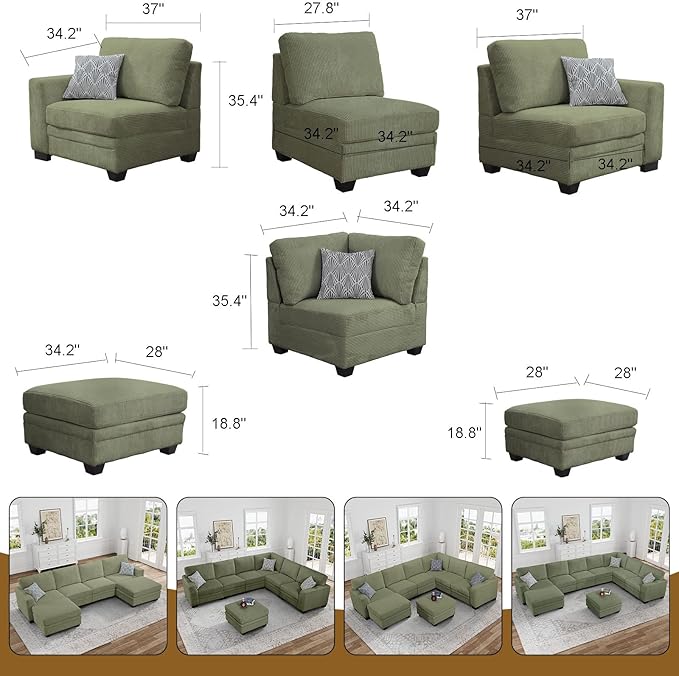 Legend Vansen Oversized Modular Sectional Sofa,7 Seat U Shaped Couch with Ottoman,Corduroy Sofa with Deep Seat,Convertible Large Sectional Couches for Living Room (Olive, L-7)